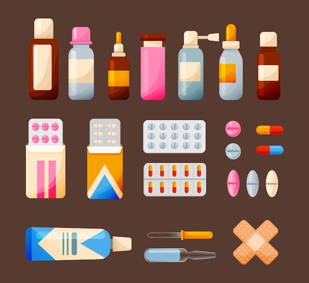 Vector set of medical elements and medicines illustration isolated