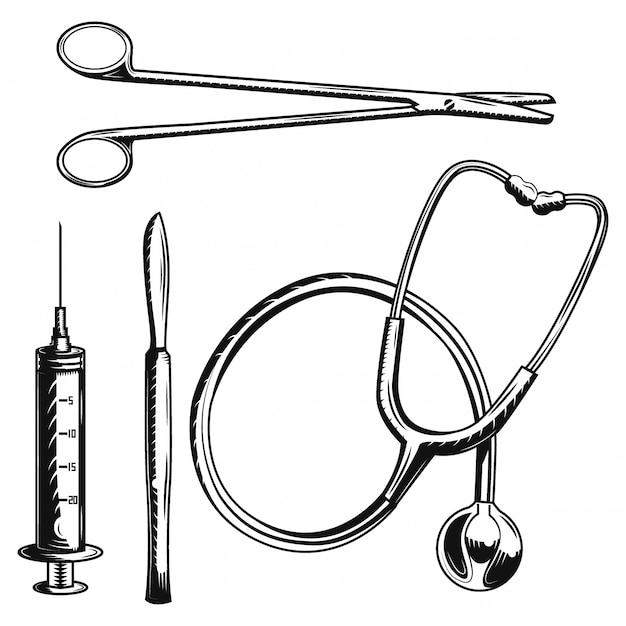 Vector set of medical equipment (stethoscope, scissors, syringe, scalpel)