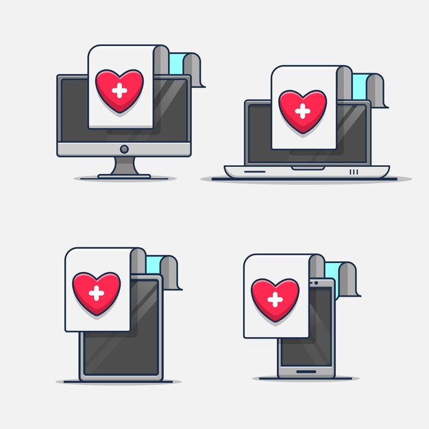 Insieme del documento del rapporto di salute medica nell'icona dell'illustrazione del dispositivo