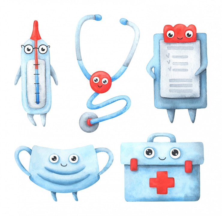 Vector a set of medical instruments.cartoon thermometer, stethoscope, sick list, mask, first aid kit.