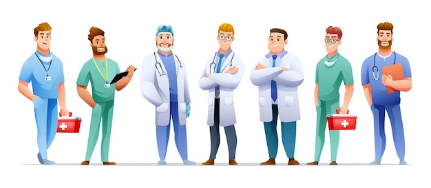Set di caratteri di medico maschio medico e infermiere in stile cartone animato