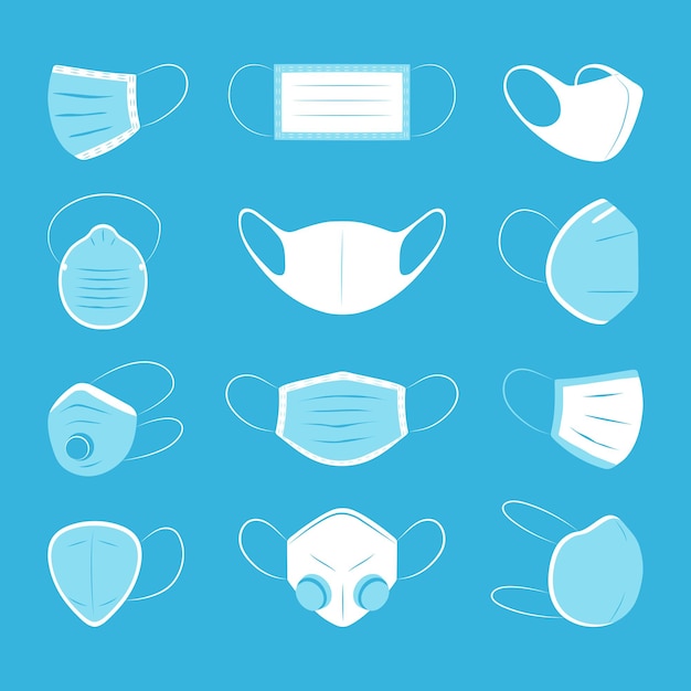 Vector set of medical masks isolated on a blue backgroundpollution mask vector illustration in flat style