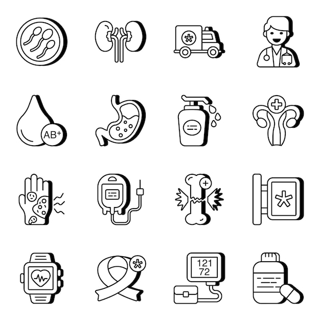 Vector set of medical and pharmaceutical linear icons