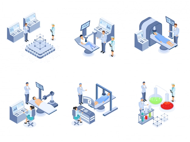 Vector set of medical science elements in isometric style.