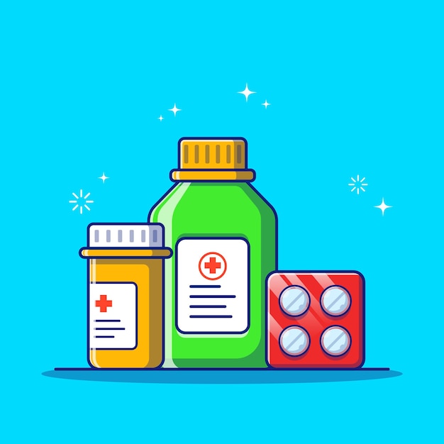 Vector set of medical tablet and pills bottles flat cartoon isolated.