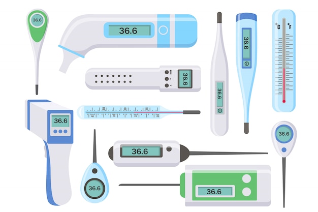 Set of medical thermometers for hospital during coronavirus. Electronic thermometers, infrared, liquid, measuring body temperature, food, environment. Health and diseases concept.  illustration.