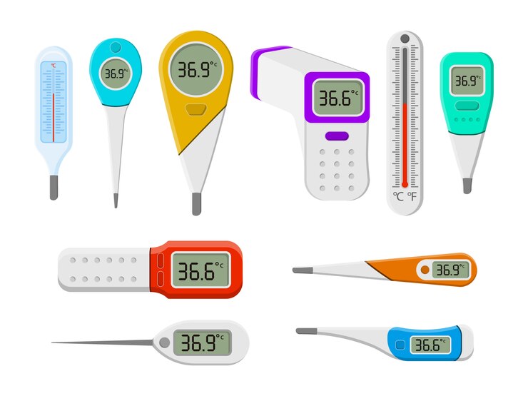 Vector set of medical thermometers for hospital during coronavirus. a set of tools for measuring the heat of the human body in a flat style. electronic thermometer, measuring temperature environment.