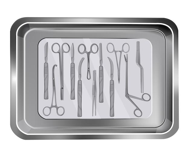 Vector set of medical tools vector illustration. instruments of surgeon on the tray.