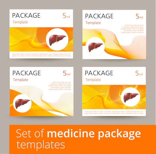 Set of medicine package template design variations with realistic human liver.