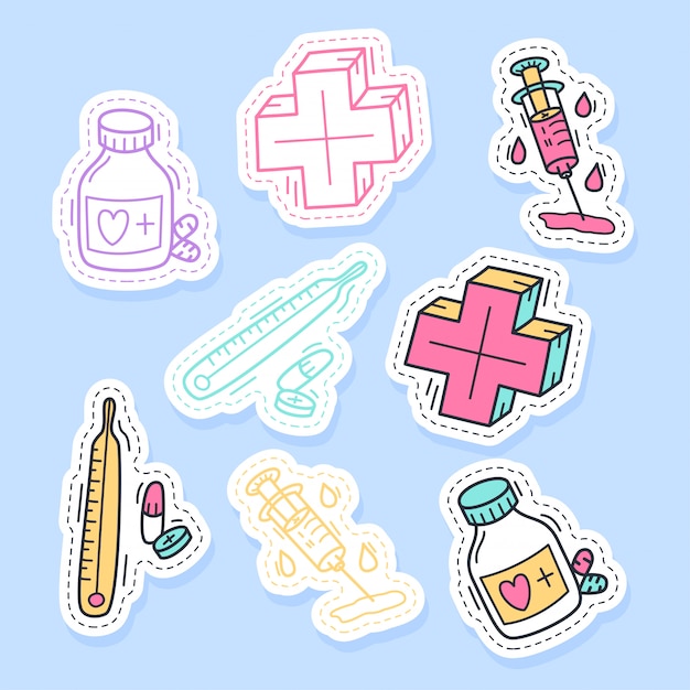 Vector set of medicine stickers handwritten collection in cartoon style.