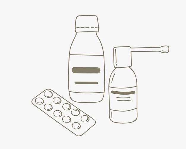 치유를 위한 의약품 세트입니다. 시럽, 스프레이 및 정제. 낙서 벡터 일러스트 레이 션.