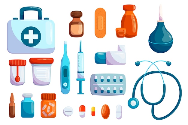 Vector set medische doosfles met jodiumpleister en clyster-container voor analysestethoscoop of medicijnpillen