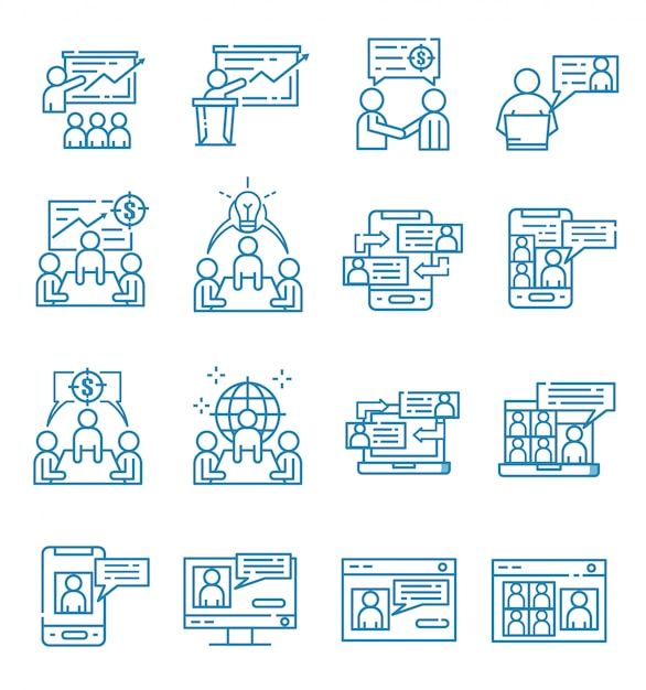 Vector set of meeting icons with outline style