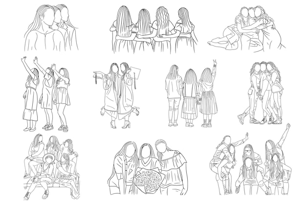 Vector set mega bundle collection of line art happy women girl friendship best friends illustration