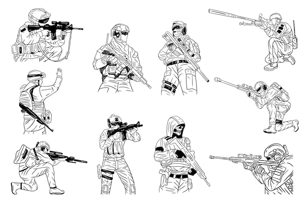 Set mega collection army military troops sniper stop the war line art illustrazione