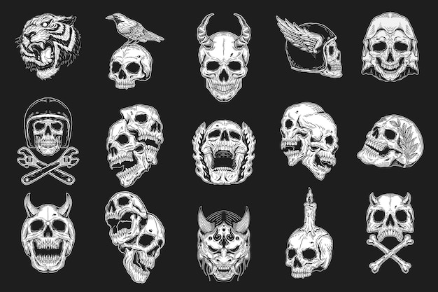 손으로 그린 해골 악마 악마 오니 마스크 헤드 다크 아트의 메가 컬렉션 번들 설정 다른 천사 부화 개요 스타일 일러스트와 함께