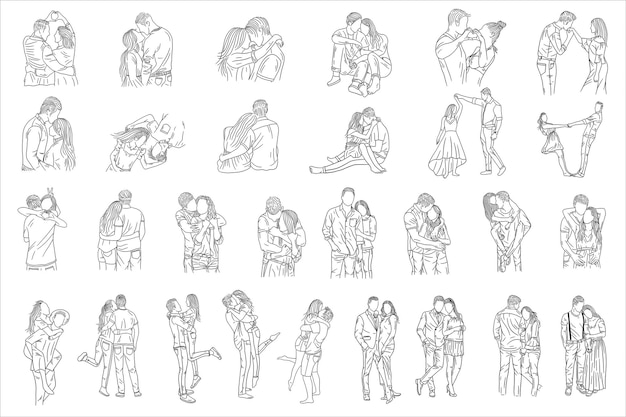 Premium Vector  Set bundle line art drawing simple couple fall in