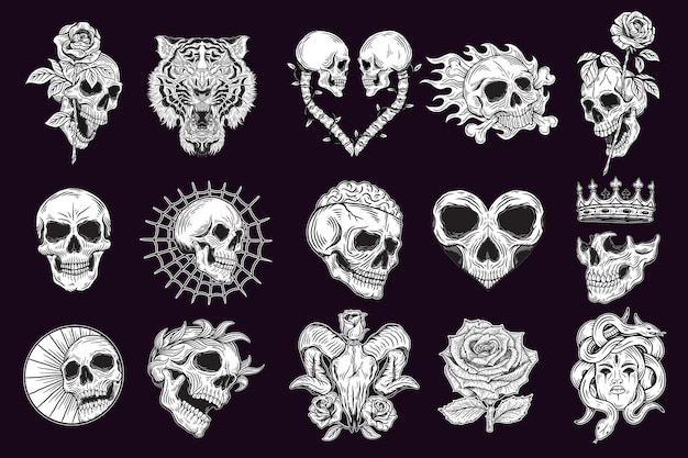 Set Mega Collection Bundle of Handgetekende Skull Bones Head Dark Art met verschillende Angel Hatching Outline Style-illustratie