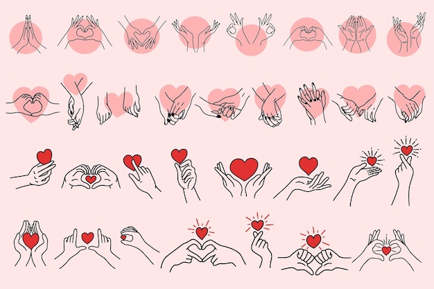 Vector set mega collection of women girl hand love gesture with hearth flat line art clipart illustration