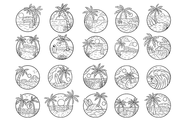 Set Mega Huge Bundle Collection Beach Good Vibes Sunset Coconut Tree relaxing wave surfing badges illustration