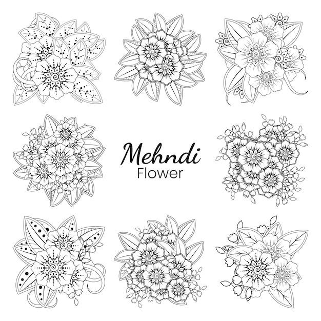 Set mehndi bloem in etnische oosterse stijl doodle ornament overzicht hand tekenen illustratie kleurboekpagina