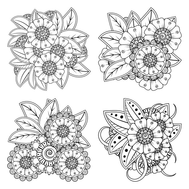 Vector set mehndi bloem in etnische oosterse stijl doodle overzicht hand tekenen illustratie kleurboekpagina