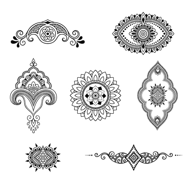 Vector set mehndi bloemenpatroon voor henna tekenen en tatoeage. decoratie in etnisch oosterse, indiase stijl. krabbel sieraad. overzicht hand tekenen vectorillustratie.