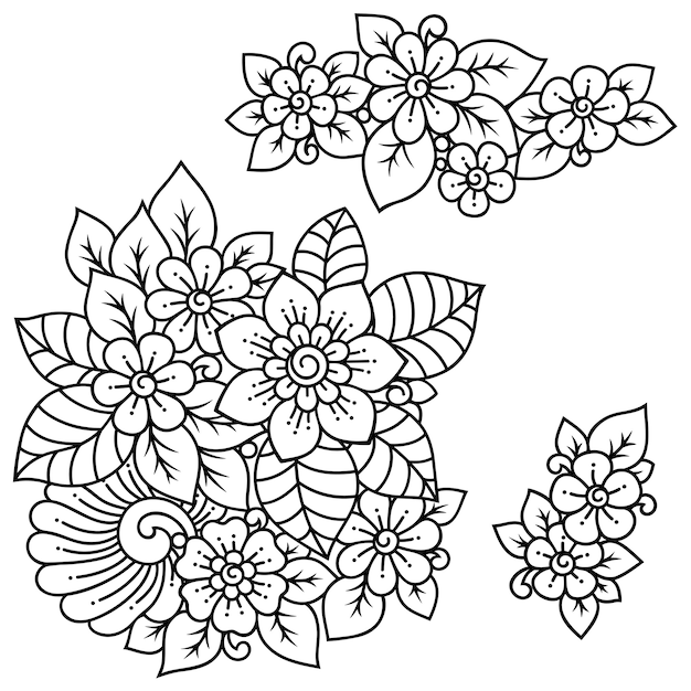 Set Mehndi-bloemenpatroon voor Henna-tekening en tatoeage. Decoratie in etnische oosterse, Indiase stijl.