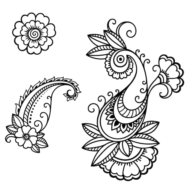 멘디 꽃의 집합입니다. 민족 동양, 인도 스타일의 장식. 낙서 장식. 개요 손으로 그리는 그림.