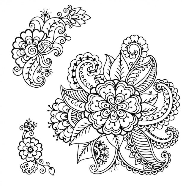 Vettore set di decorazione floreale mehndi in stile etnico orientale, indiano. ornamento doodle. illustrazione di tiraggio della mano di contorno.