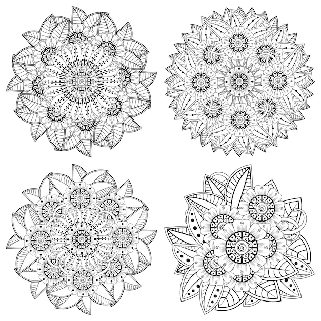 Set of Mehndi flower decorative ornament in ethnic oriental style doodle ornament outline hand dra