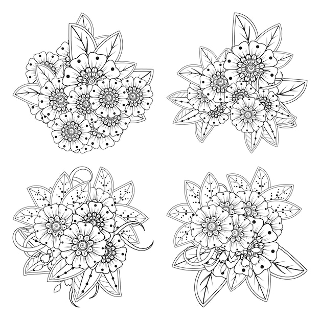 Set of Mehndi flower   in ethnic oriental style coloring book page