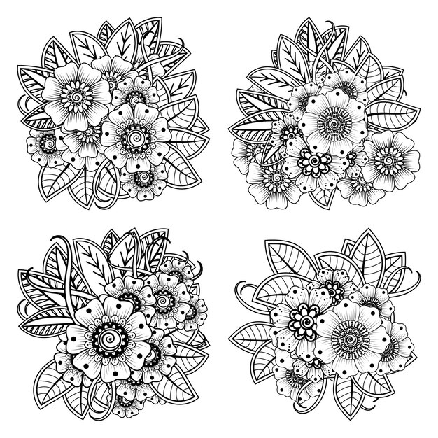 Set of Mehndi flower   in ethnic oriental style coloring book page