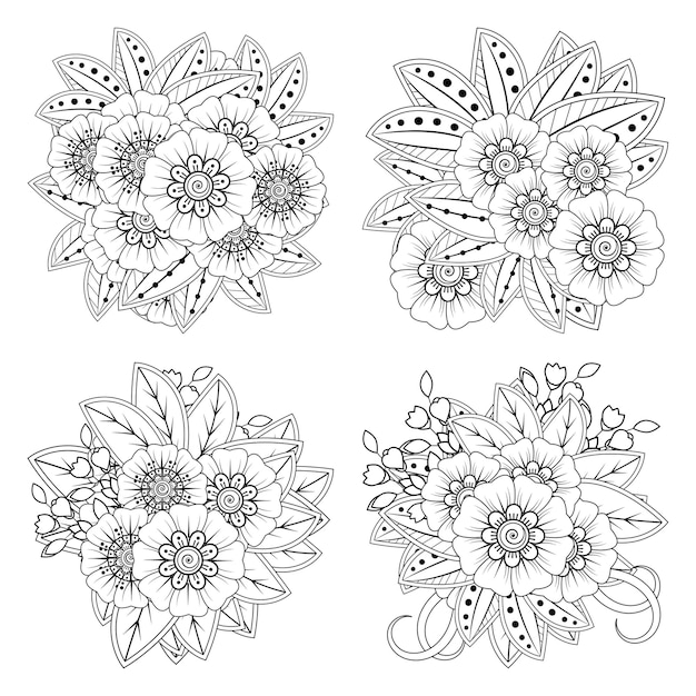 Set of Mehndi flower   in ethnic oriental style doodle   coloring book page