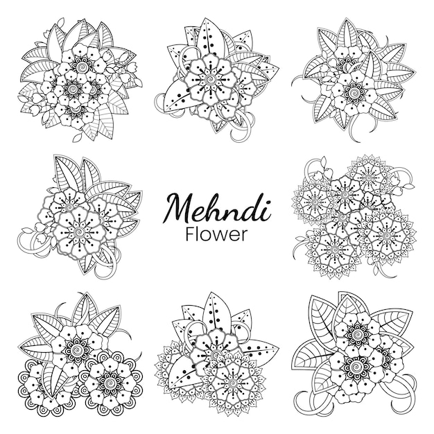 Набор цветов Менди в этническом восточном стиле каракули рука рисовать иллюстрации, раскраски страницы книги