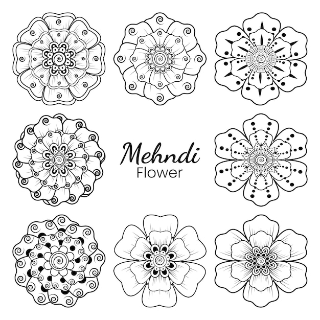 Insieme del fiore di mehndi nella pagina del libro da colorare dell'illustrazione di tiraggio della mano di doodle di stile orientale etnico