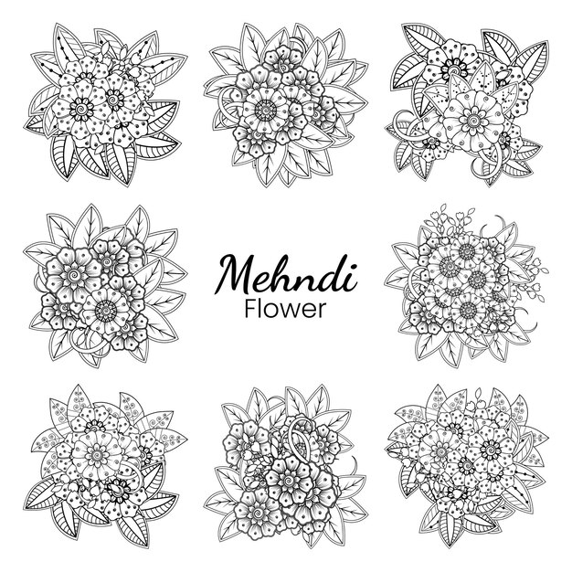 Set of mehndi flower   in ethnic oriental style doodle ornament outline hand draw illustration coloring book page