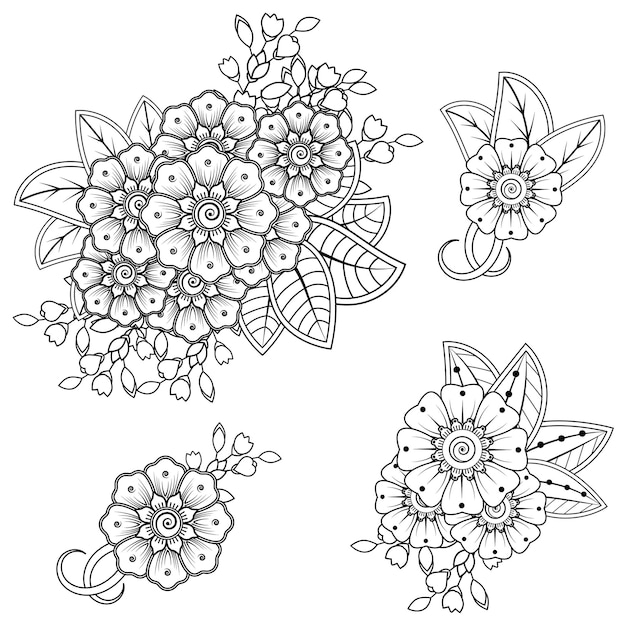 Set di fiori mehndi in stile etnico orientale. ornamento di doodle. illustrazione di tiraggio della mano di contorno.