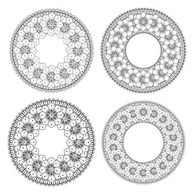 Set di fiori mehndi per la decorazione di mehndi all'henné nella pagina del libro da colorare in stile etnico orientale