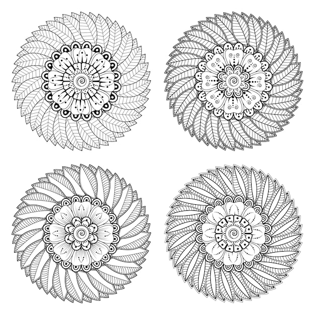 Vector set of mehndi flower   ornament in ethnic oriental style coloring book page