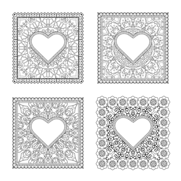 Set of mehndi flower   ornament in ethnic oriental style coloring book page