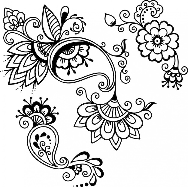 Set of Mehndi flower pattern  . Decoration in ethnic oriental, Indian style. Doodle ornament. Outline hand draw   illustration.