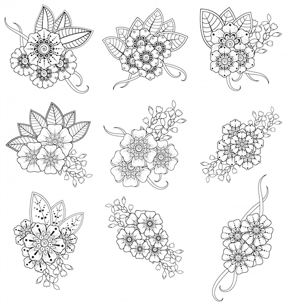 Set of mehndi flower pattern  . decoration in ethnic oriental, indian style.