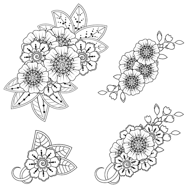 Set of Mehndi flower pattern for Henna drawing. Decoration in ethnic oriental  Indian style.