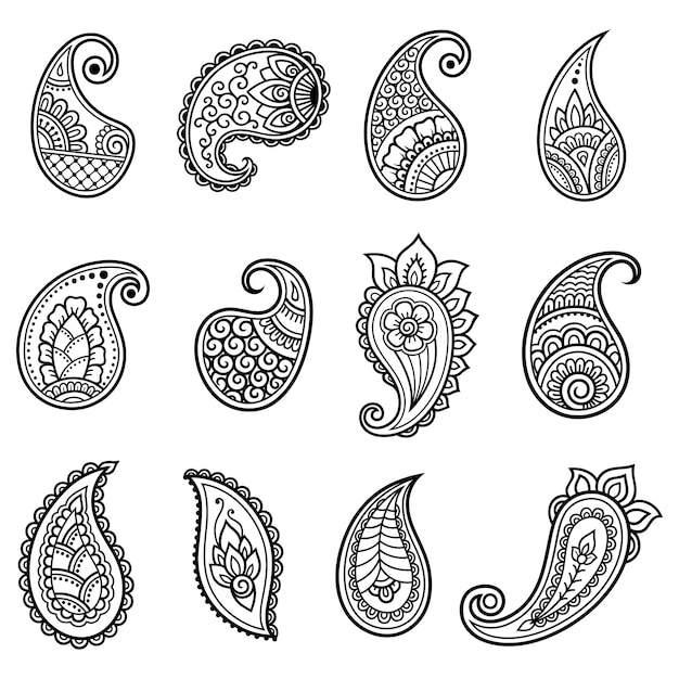 Set of Mehndi flower pattern for Henna drawing and tattoo. Decoration in ethnic oriental, Indian style. Doodle ornament. Outline hand draw vector illustration.