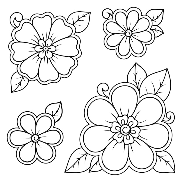 ヘナの描画とタトゥーの一時的な刺青の花のパターンのセットエスニックオリエンタルインド風の装飾落書き飾りアウトライン手描きベクトルイラスト