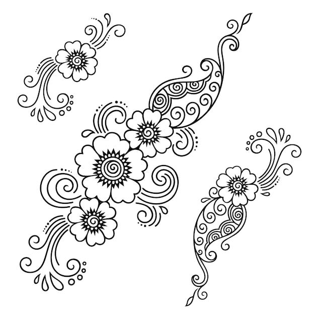 Vettore set di motivo floreale mehndi per disegno all'henné e tatuaggio decorazione in stile etnico orientale indiano ornamento doodle contorno mano disegnare illustrazione vettoriale