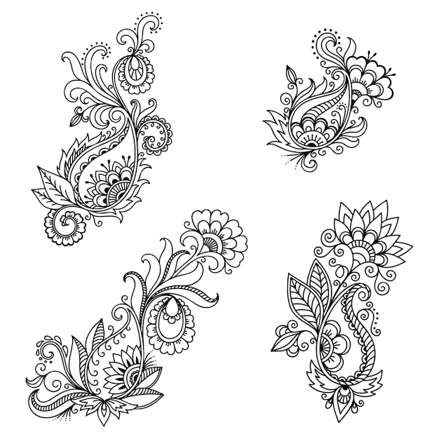 Set di fiori mehndi. decorazione in stile etnico orientale, indiano. ornamento di doodle. illustrazione di tiraggio della mano di contorno.