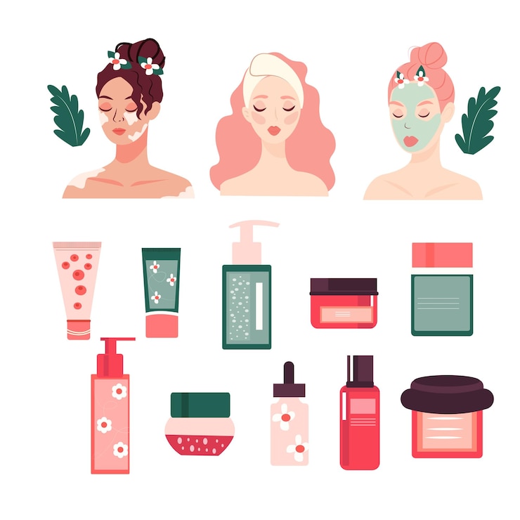 Vector set meisjes en cosmetische producten en hulpmiddelen voor huidverzorging van gezicht en lichaam dagelijkse schoonheidsroutine