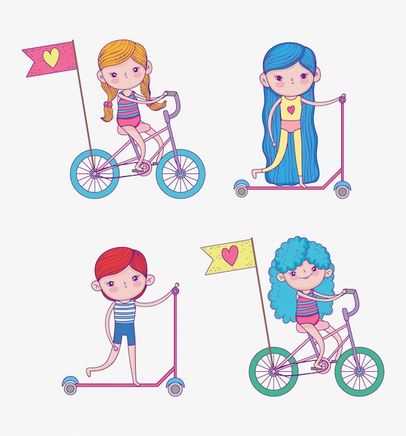 Vector set meisjes en jongen rijden scooter en fiets